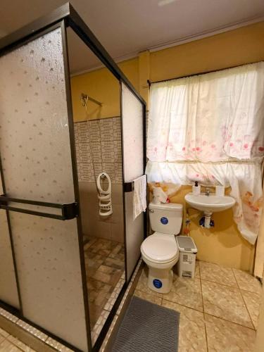 a bathroom with a toilet and a sink at Casa Colibrí Nature, Pool and Tranquility in Sarapiquí