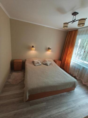 a bedroom with a bed with two pillows on it at Weekend Home in Visaginas