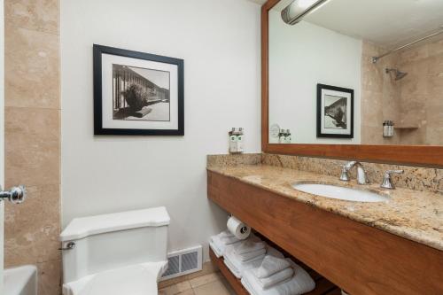 a bathroom with a sink and a toilet and a mirror at Salishan Coastal Lodge by SCP Hotels in Lincoln City