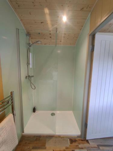 a shower with a glass door in a room at Middlehead Huts in Newton