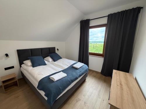 a bedroom with a large bed with a window at Apartamenty Agro Roś in Pisz