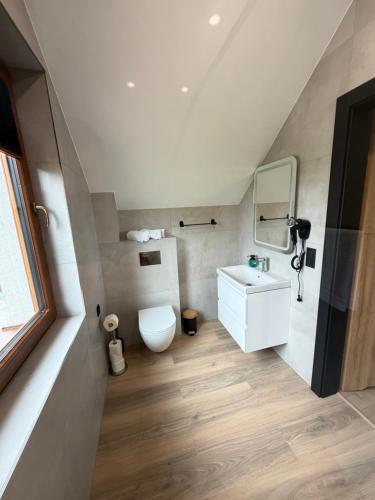 a bathroom with a white toilet and a sink at Apartamenty Agro Roś in Pisz