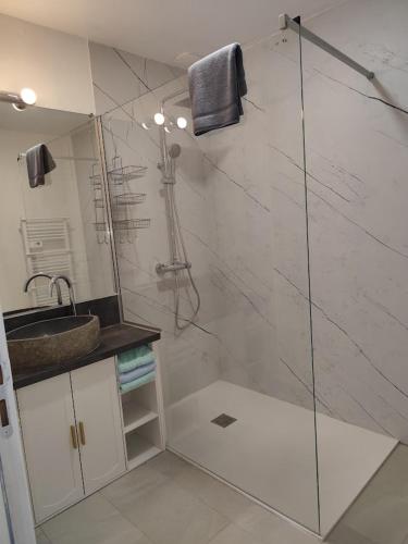 a bathroom with a shower and a sink at Candyland in Argançon
