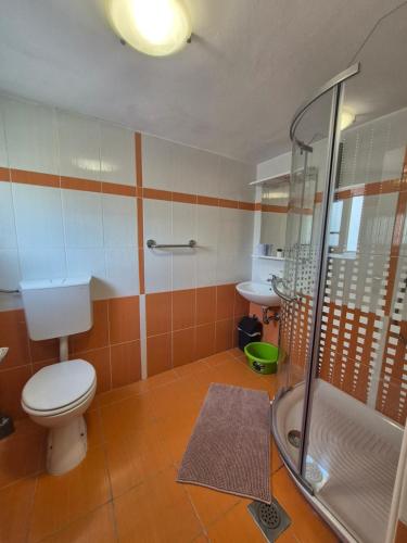 a bathroom with a toilet and a shower and a sink at Studio for short stay in Rabac