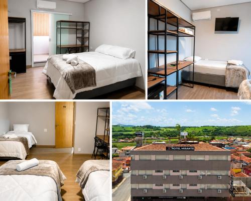 three pictures of a bedroom with beds and a building at Hotel Mirante in Careaçu