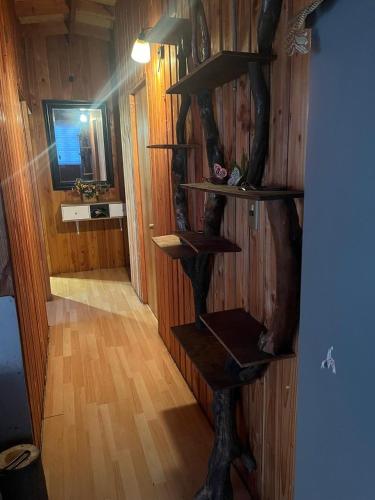 a room with a wooden wall with wooden shelves at Hospedajes CyC in Llanquihue