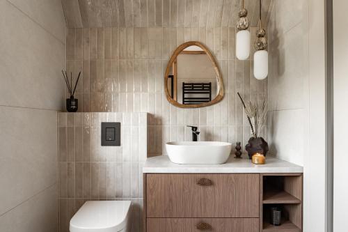 a bathroom with a sink and a toilet and a mirror at U Trabanta - apartament, noclegi w centrum Bukowiny z widokiem na góry in Bukowina Tatrzańska