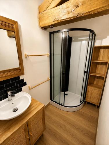 a bathroom with a glass shower and a sink at Domaine de Beau Site in Peyrat-de-Bellac