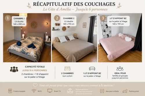 a collage of three pictures of a bedroom with a bed at Gite piscine privée climatisation in Célon