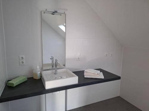 a white bathroom with a sink and a mirror at Smartliving 85 in Aßlar