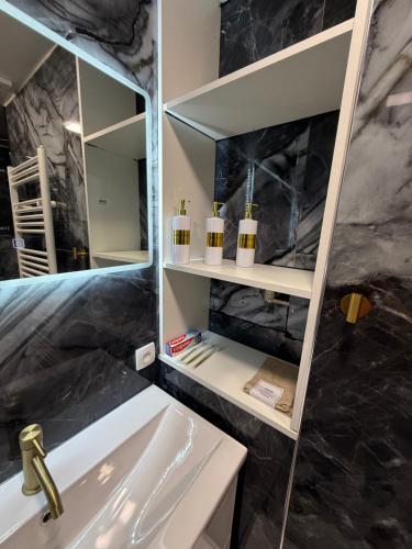 a bathroom with a sink and a mirror at Marine Résidence in De Panne