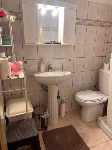 a small bathroom with a sink and a toilet at Theofania House Kanali in Kanali