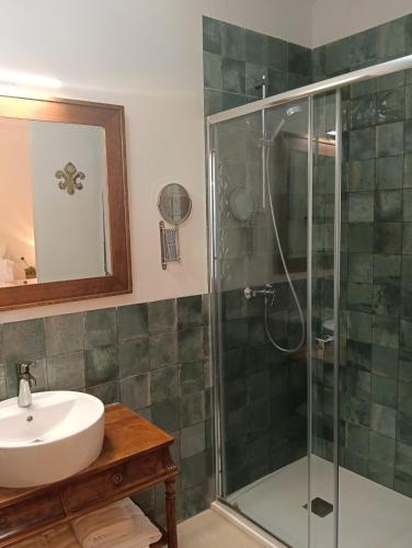 a bathroom with a sink and a glass shower at Cereza Home in Cabezuela del Valle