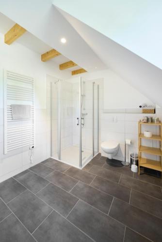 a white bathroom with a toilet and a shower at Hof Türke in Moritzburg