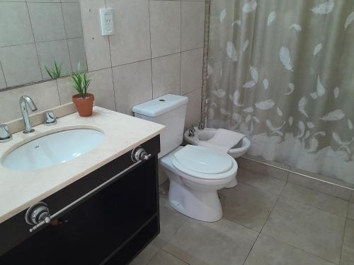 a bathroom with a toilet and a sink and a shower curtain at Aparts Lio Nell in Colón