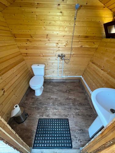a bathroom with a toilet and a sink at Orbis Bude in Samshvilde