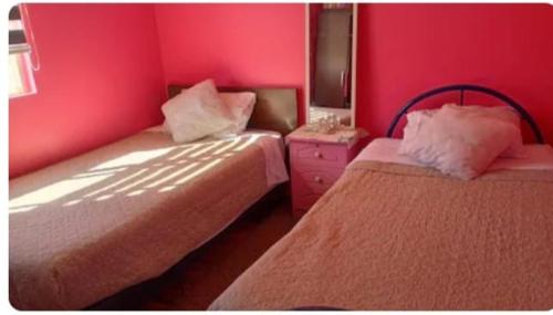 a bedroom with two beds and a pink wall at Casa Arriendo diario in Concepción