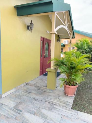 a yellow house with a red door and plants at Alluring Ambrosia in Arouca