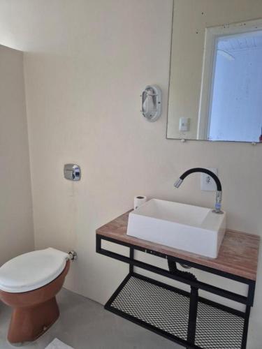 a bathroom with a sink and a toilet and a mirror at Eduardos Hotel in Rio do Sul
