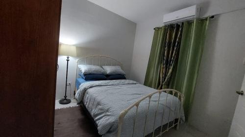 a small bedroom with a bed with green curtains at Santa Fe in Port-of-Spain