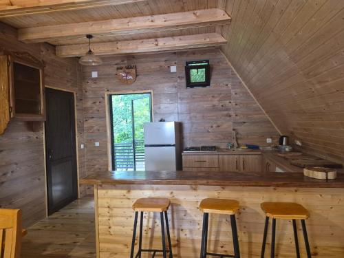 a kitchen with a refrigerator and two bar stools at vila pataraia in Martvili