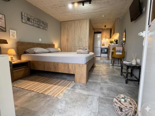 a bedroom with a large bed and a kitchen at JTverga SEA VIEW HOMES A2 with Parking in Kalamata