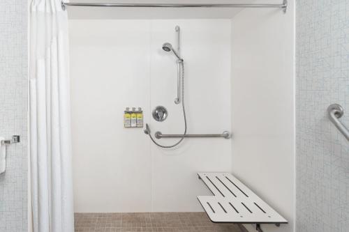 a shower stall with a bench in a bathroom at Holiday Inn Express Hotel & Suites Milton by IHG in Milton
