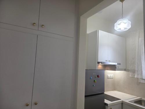 a kitchen with white cabinets and a refrigerator at Diogenes Apartments in Samos