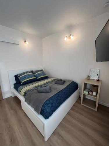 a bedroom with a large bed and a flat screen tv at Le Charles Quint in Gray