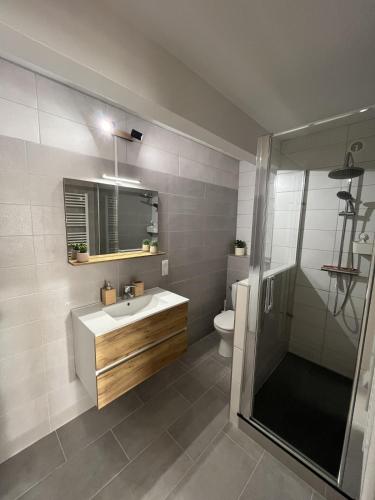 a bathroom with a sink and a shower at Le Charles Quint in Gray