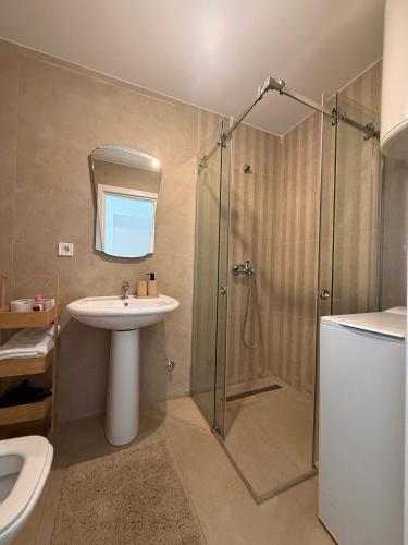 a bathroom with a sink and a shower at Comfort Residence in Tuzi