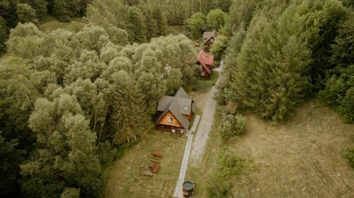 an aerial view of a house in the woods at Domki u Serowarki z Jacuzzi w cenie in Polańczyk