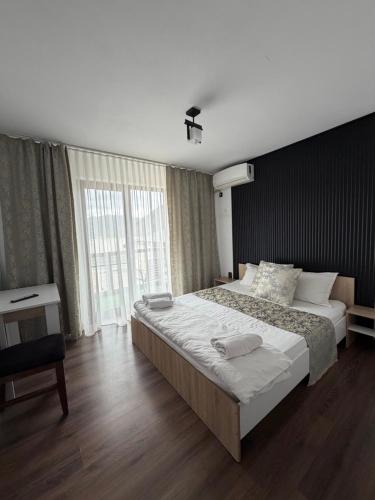 a bedroom with a large bed and a large window at Clisura Dunarii - Pensiunea Casa Creta in Liborajdea