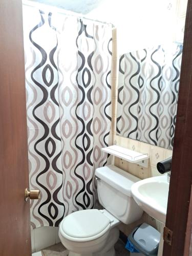 a bathroom with a toilet and a sink at Apart Hotel Punto Real in Curicó