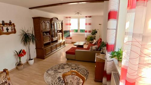 a living room with a couch and a table at Ferienwohnung Glück auf in Gornsdorf