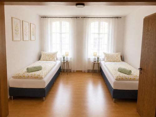 two beds in a room with two windows at Thun Arcades in Thun