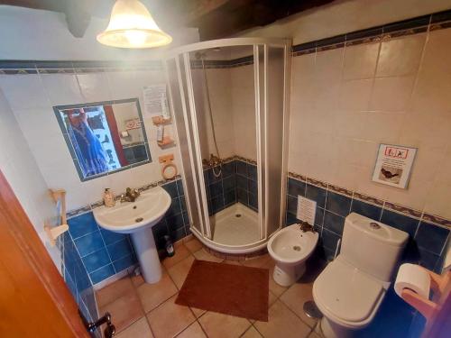 a bathroom with a toilet and a sink and a shower at Middle Earth in El Paso