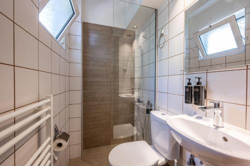 a bathroom with a white toilet and a sink at CASA di FLORI in Epáno Flória
