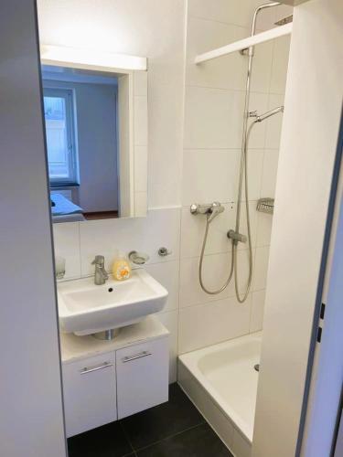 a white bathroom with a sink and a shower at 2 Room Center Zurich Flats with Balcony - HildaB in Zurich