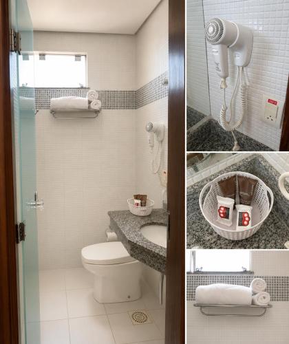 two pictures of a bathroom with a toilet and a sink at Corumbá Plaza Hotel in Luziânia