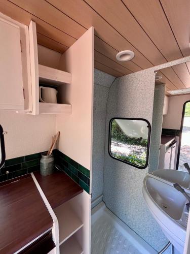 a small bathroom with a sink and a mirror at La caravane dans le verger in Saint-Erblon
