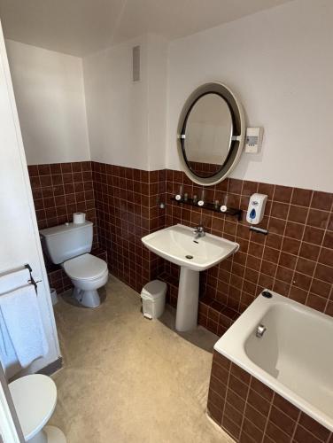 a bathroom with a sink and a toilet and a mirror at Hôtel de la poste in Saint-Valery-en-Caux