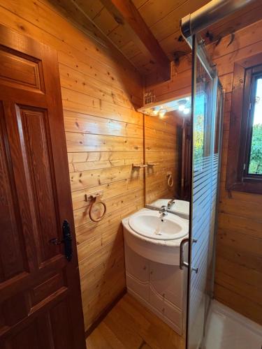 a bathroom with a sink in a wooden wall at Apartamento El Paso in Fuentelisendo