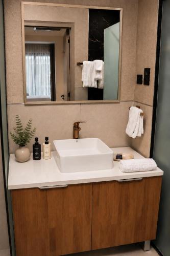 a bathroom with a sink and a mirror at Bluezone Club Residences by A'ila Resorts in Rodney Bay Village