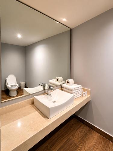 a bathroom with a sink and a mirror at hotel 202 in Monterrey