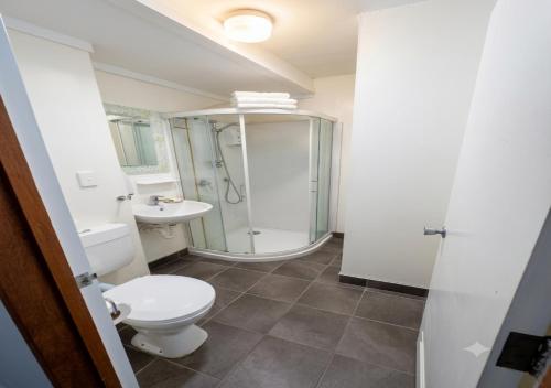 a bathroom with a toilet and a shower and a sink at The Grand Wanganui in Whanganui