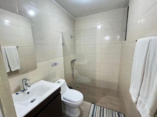 a bathroom with a sink and a toilet and a shower at Modern Santo Domingo Condo in Heart of Gazcue in Santo Domingo