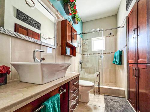 a bathroom with a sink and a toilet and a shower at Ocean One - Harmony! in Cabarete