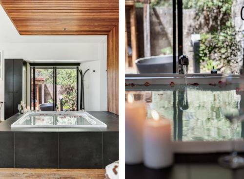 two pictures of a bathroom with a tub and a sink at Istana Indulge in Hepburn Springs