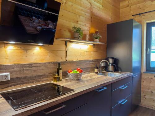 a kitchen with wooden walls and a counter with a sink at Rattendorf 23A in Rattendorf